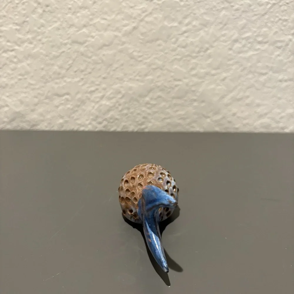 Vtg Barbados Ceramic Puffer Fish Figurine Blue Brown Textured Folk Art